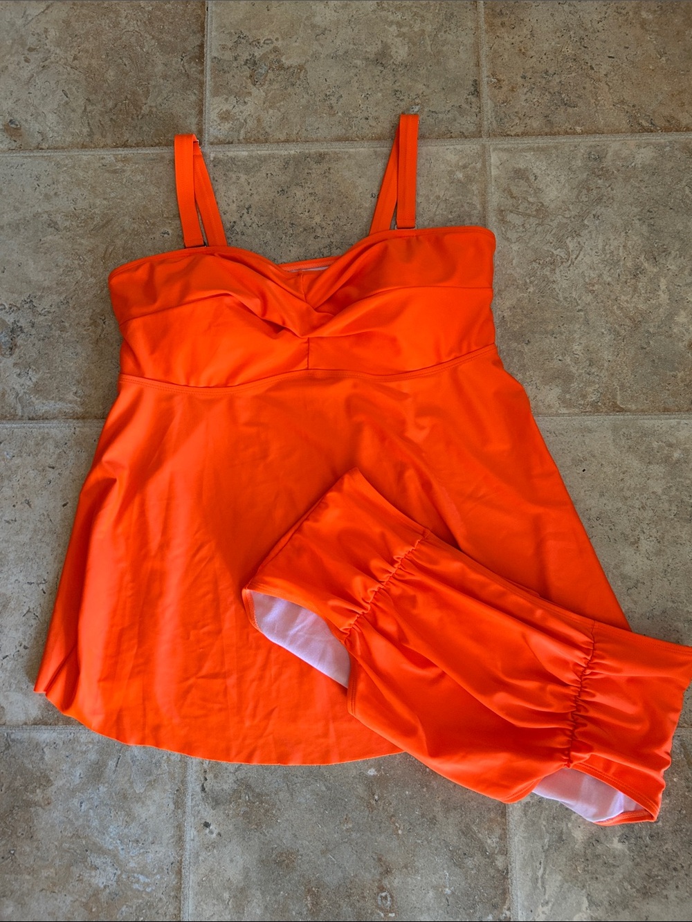 Women’s Orange Swim Suit with High-Waist Bottoms
